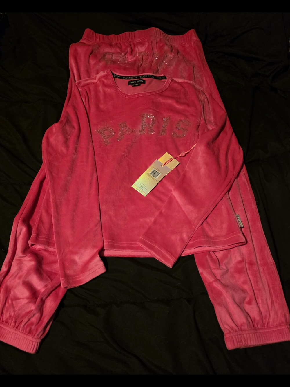 Paris Hilton Hot Pink Velour Lounge Top with Branded Trim And Bottoms